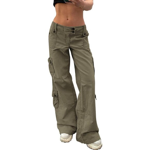 Womens Baggy Cargo Pants Wide Leg Vintage Flap Pockets High Rise